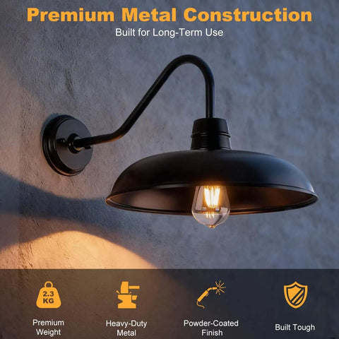 Outdoor Gooseneck Barn Light 14 Inch Wide Two Pack Farmhouse Industrial Rustic Black Waterproof Wall Mount Lamp lit on wall