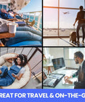 Collage of people traveling and working on-the-go, in various settings like an airport, cruise, work, and lounge chair.