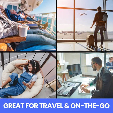Collage of people traveling and working on-the-go, in various settings like an airport, cruise, work, and lounge chair.