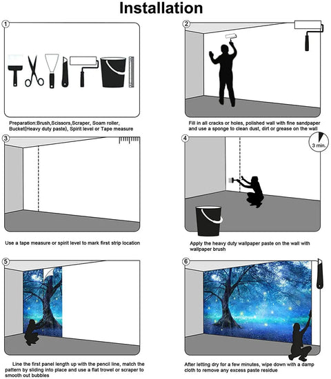 Installation guide for Enchanted Forest Fairy Tree Wall Mural For Kids Rooms And Living Rooms, step-by-step instructions.