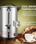 100 Cup Coffee Urn For Large Events And Catering, Industrial Coffee Dispenser With 1300W Quick Brew, Dual Wall Stainless Steel Hot Water And Tea Maker, Perfect For Weddings And Conferences shown on table with coffee cup.