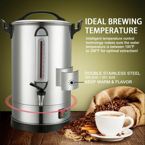 100 Cup Coffee Urn For Large Events And Catering, Industrial Coffee Dispenser With 1300W Quick Brew, Dual Wall Stainless Steel Hot Water And Tea Maker, Perfect For Weddings And Conferences shown on table with coffee cup.