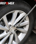 18 Inch Breaker Bar With Dual Half Inch And Three Eighths Drives loosening rusted fastener on car wheel, Cr-Mo steel, ergonomic grip