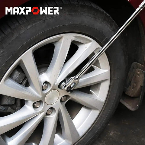 18 Inch Breaker Bar With Dual Half Inch And Three Eighths Drives loosening rusted fastener on car wheel, Cr-Mo steel, ergonomic grip