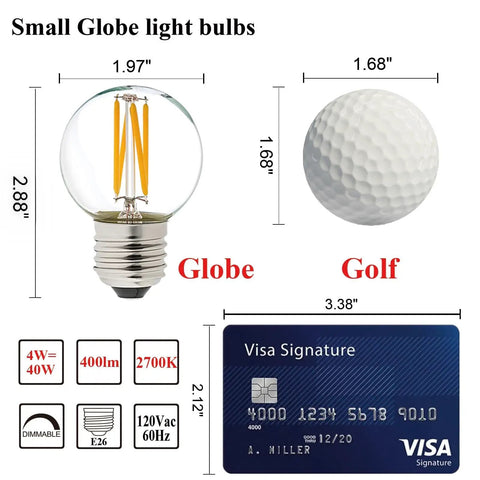 Dimmable G16.5 LED Bulb 4W 2700K Warm White 400 Lumens E26 Globe size comparison with golf ball and credit card.