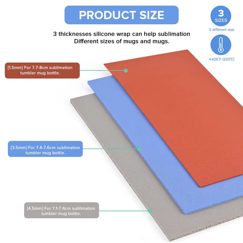 Three-thickness silicone wraps for Dope Sublimation Tumbler Wraps For Mug Press And Heat Press Machines, showing sizes in mm.
