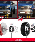 Badass 2 Inch 8x180 Wheel Spacers Forged Lug Centric Compatible With Chevy Silverado 2500HD And GMC Sierra 3500HD side-by-side before and after installation.