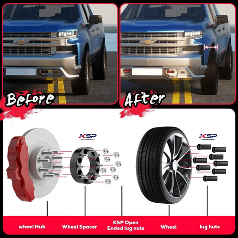 Badass 2 Inch 8x180 Wheel Spacers Forged Lug Centric Compatible With Chevy Silverado 2500HD And GMC Sierra 3500HD side-by-side before and after installation.