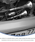 Close-up of 12V Dual Trumpet Air Horn Kit 120 Decibel Super Loud Noise Heavy Duty Compressor installed in vehicle engine.