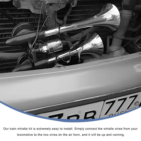 Close-up of 12V Dual Trumpet Air Horn Kit 120 Decibel Super Loud Noise Heavy Duty Compressor installed in vehicle engine.