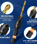 Image of Size 8 Countersink Drill Bit Set For Wood 12 Piece With Adjustable Countersink Bits Magnetic Extension Bit Holder And One Quarter Inch Hex Shank Quick Change For Woodworking Titanium Coated High Speed Steel showing HSS material, 2-flute countersink, adjustable feature, and 1/4-inch hex shank.