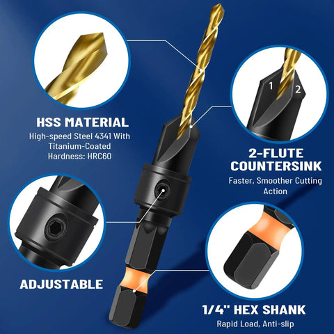 Image of Size 8 Countersink Drill Bit Set For Wood 12 Piece With Adjustable Countersink Bits Magnetic Extension Bit Holder And One Quarter Inch Hex Shank Quick Change For Woodworking Titanium Coated High Speed Steel showing HSS material, 2-flute countersink, adjustable feature, and 1/4-inch hex shank.