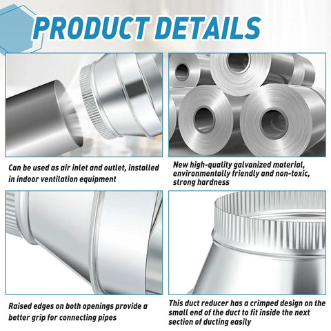 8 Inch To 6 Inch Duct Reducer Increaser Galvanized Steel Air Duct Adapter Round Crimped Pipe Connector Fitting Coupling For HVAC Ventilation Systems For Smooth Duct Transitions In Any Setup Easy Install No Fuss. Galvanized steel reducer with crimped ends for HVAC duct connections.