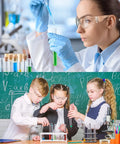 Adults and children wearing 60 Pairs Protective Safety Goggles With 60 Pairs Reusable Earplugs, Clear Anti Scratch UV Resistant Wraparound Eyewear in lab settings.