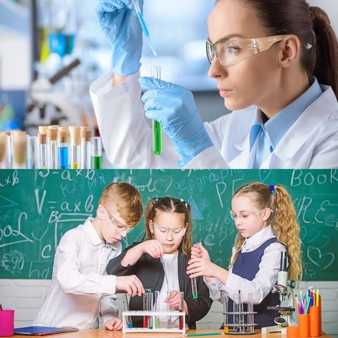Adults and children wearing 60 Pairs Protective Safety Goggles With 60 Pairs Reusable Earplugs, Clear Anti Scratch UV Resistant Wraparound Eyewear in lab settings.