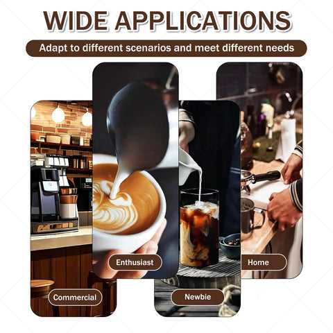 Image showcasing wide applications of Electric Coffee Tamper 58mm Automatic Tamping Station for commercial, home, and beginner baristas.