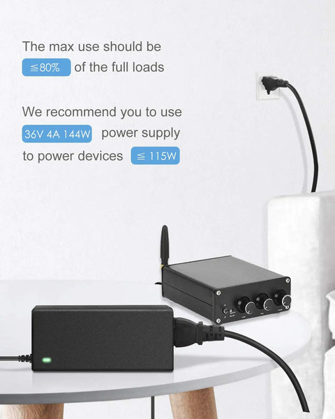 36V 4A 144W Power Supply Adapter for LED Lights Printers and Laser Engravers connected to a device on a table
