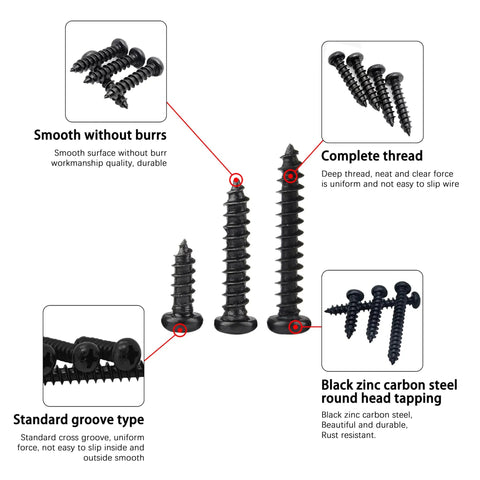 Heavy Duty No 4 Wood Screws Three Quarters Inch Black Zinc Plated Carbon Steel Phillips Pan Head Self Tapping Full Thread 150 Pieces For Woodworking Projects Indoor Outdoor Use shown in detailed display with features