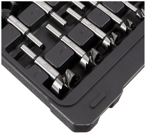 Close-up of 14-Piece Forstner Drill Bit Set with Carry Case for Softwood to Hardwood Plywood Laminates and MDF, includes 1/4 to 2 inch bits.