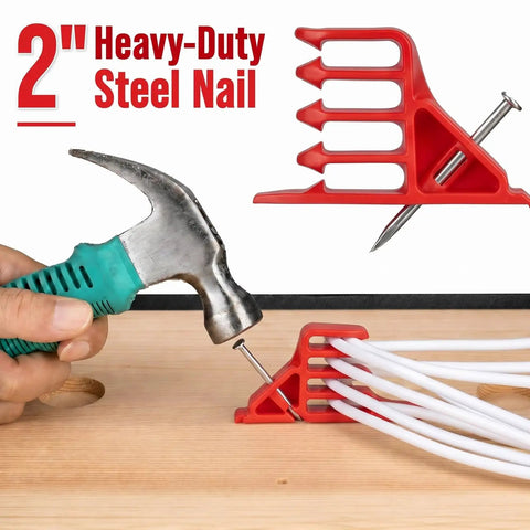 100 Pack Red Plastic Cable Stacker Clips With Nail For Secure Electrical Wire Organization, heavy-duty setup with hammer and nail.