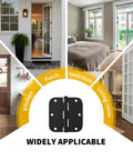 Heavy Duty Built To Last 3.5 Inch Matte Black Door Hinges 18 Pack shows versatile use in kitchen, porch, bedroom, and living room.