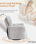 Power Swivel Rocker Recliner Glider Chair For Adults With USB Type C Ports Large Suede Gray Electric Reclining Chair For Living Room Or Bedroom Cozy Comfort 270 Degree Swivel And Plush Cushions With Two Pillows shown side view with 270-degree swivel feature