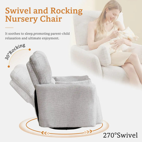 Power Swivel Rocker Recliner Glider Chair For Adults With USB Type C Ports Large Suede Gray Electric Reclining Chair For Living Room Or Bedroom Cozy Comfort 270 Degree Swivel And Plush Cushions With Two Pillows shown side view with 270-degree swivel feature