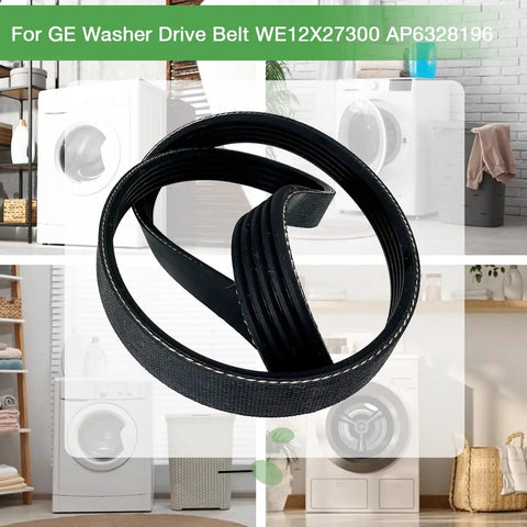 Upgraded WE12X27300 Washer Drive Belt For GE Clothes Washers, shown with washing machine in background