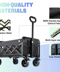 Foldable Utility Wagon With All Terrain Wheels And Brakes, Heavy Duty Cart Holds 360 Lbs, Black carbon steel frame with cup holders