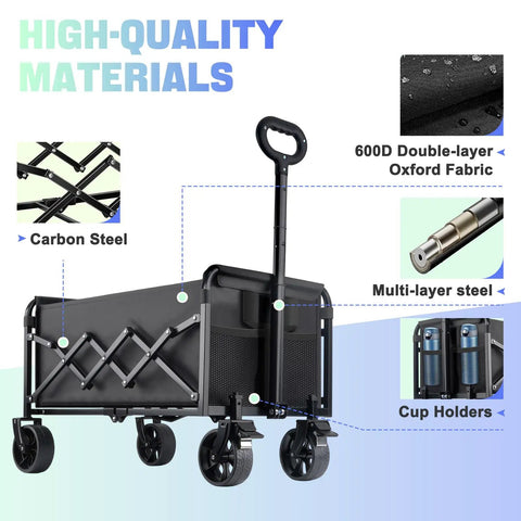 Foldable Utility Wagon With All Terrain Wheels And Brakes, Heavy Duty Cart Holds 360 Lbs, Black carbon steel frame with cup holders
