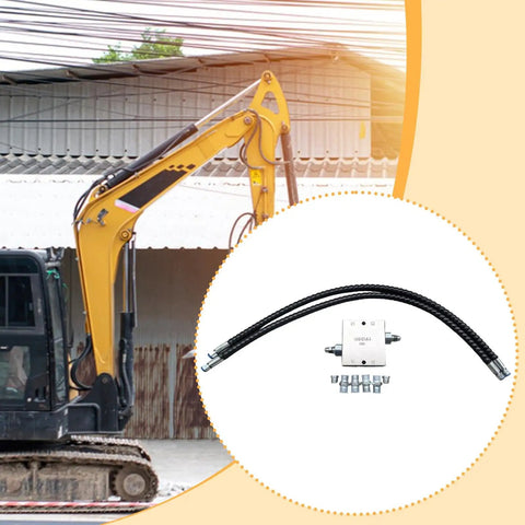 Hydraulic Pump Spare Kit With Cushion Valve For Mini Excavator, Fully Assembled And Ready To Install, consists of valve and hoses in a circle inset with excavator in background.
