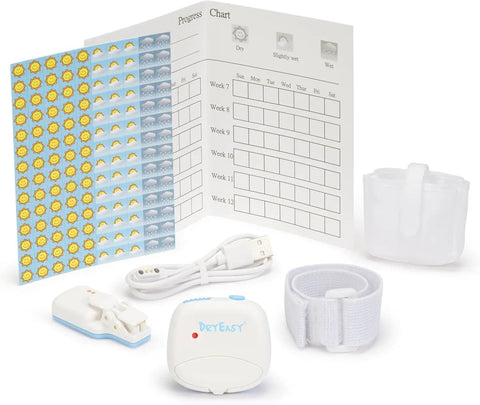 No Fuss Wireless Bedwetting Alarm With New Sensor, Six Sounds, Adjustable Volume, Strong Vibration, Compact Receiver, Kid Friendly Clip Sensor And Easy Setup For Nighttime Confidence And Overnight Dry. Wireless bedwetting alarm kit with clip sensor, receiver, charger, and progress chart