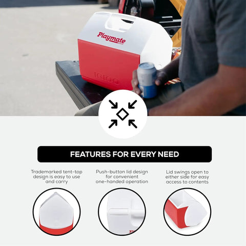 Person holding drink beside Playmate Elite Red Cooler With One Hand Opening Button Spill Proof Locking Lid Built In Carry Handle