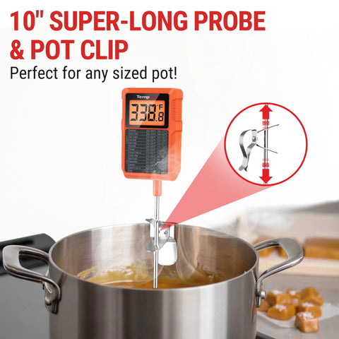 Waterproof Digital Candy Thermometer With 10 Inch Probe And Pot Clip in saucepan, reading 330.8°F, for grilling and frying.