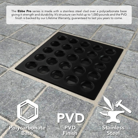 Matte Black Square Drain Cover With Pro Drain Cover Remover Included Three Point Seven Five Inch Screwless Design Ten Finishes Available Slick Modern Bathroom Drain Grate