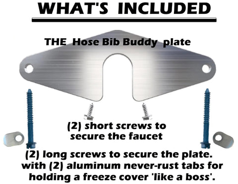 Hose Bib Mounting Plate And Secure Kit For Outdoor Faucets, Easy 3 Step Install, No Faucet Removal, Rust Proof And Paintable Finish, Durable Spigot Repair, 1 Pack, Made In USA showcasing kit items and aluminum plate.