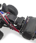 Close-up of Aluminum Transmission Case For 1/18 TRX4M RC Crawler, 16.6 To 1 Gearbox With Gear, installed on crawler model.