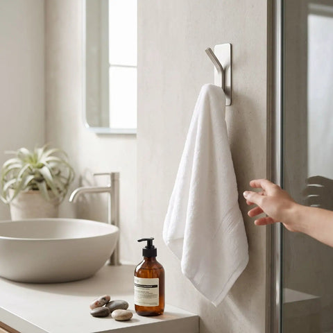 Insane Grip No Drill Towel Hooks Six Pack Silver Rust Proof Heavy Duty Bathroom Wall Mount with towel hanging in bathroom.