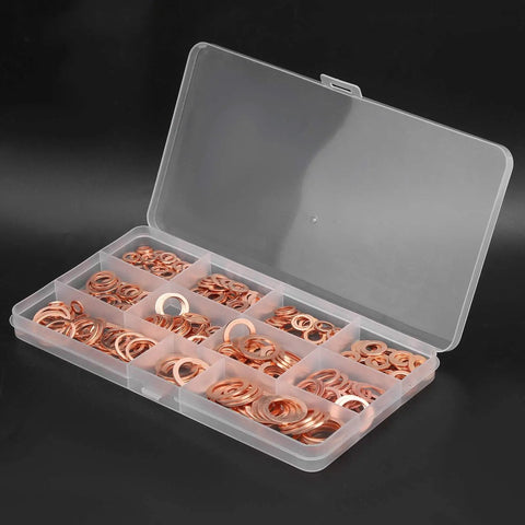 Premium 300 Pack Red Copper Flat Washer Gasket Set M5 To M16 Assortment Kit For High Heat Oil Pan Plugs And Hydraulic Systems With Top Notch Thermal Conductivity And Durable Pure Metal Build For Heavy Duty Repair Jobs in storage case