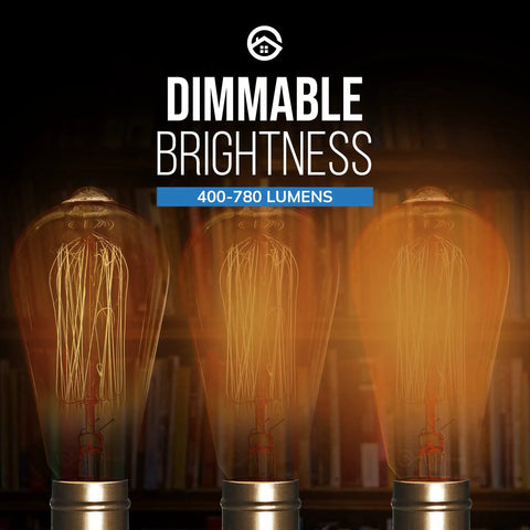 Dimmable Edison Style ST64 Amber Glass Filament Bulbs, 2700K Warm Glow, 60W 110V, E26 Base, showcasing brightness levels