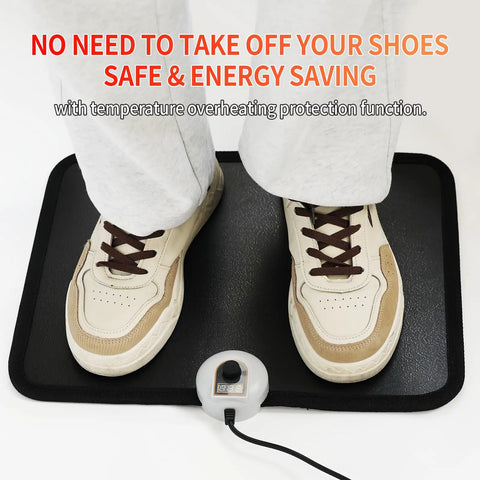 Electric Heated Floor Mat For Feet Under Desk At Office And Home AC 110V Foot Warmer Pad No Shoe Removal Needed, safe use with shoes on.