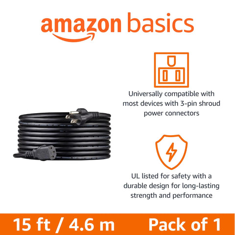 Universal 15 Foot Power Cord For PC Monitor And Printer 3 Prong 18 AWG 125V NEMA 5-15P To IEC320C13 UL Listed Black Cable