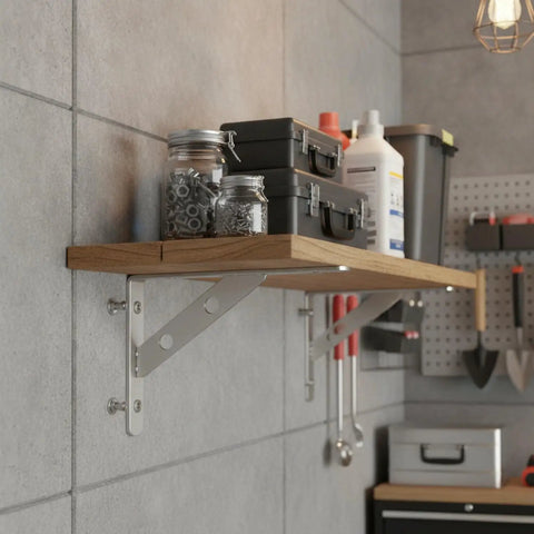 Beefy Heavy Duty Stainless Steel Wall Shelf Bracket L Shape Support mounted with wooden shelf holding jars and boxes in garage