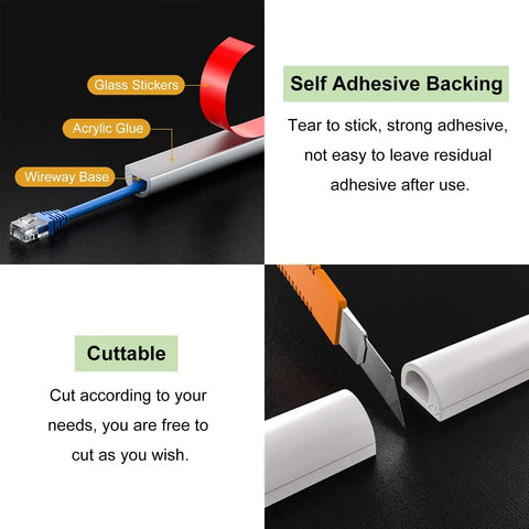 Peel And Stick Wall Cord Cover And Raceway For TV Mounts Extra Long Cable Concealer For One Or Two Wires 98 Feet Run 16 Side Openings Gray PVC Cable Channel with adhesive backing and cuttable feature.