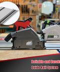 Heavy Duty Aluminum Track Saw Guide Rail For Precision Woodworking And Smooth As Butter Glide Cuts With Laser Etched Markers And Dead Reliable Quick Lock Clamps For Serious DIY Craftsmen, mounted on a workbench with saw.
