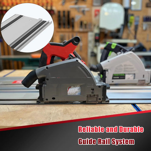 Heavy Duty Aluminum Track Saw Guide Rail For Precision Woodworking And Smooth As Butter Glide Cuts With Laser Etched Markers And Dead Reliable Quick Lock Clamps For Serious DIY Craftsmen, mounted on a workbench with saw.