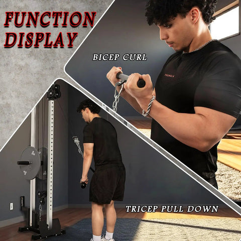 Heavy Duty Wall Mount Cable Crossover Machine Dual Pulley Home Gym System featuring bicep curls and tricep pull downs.