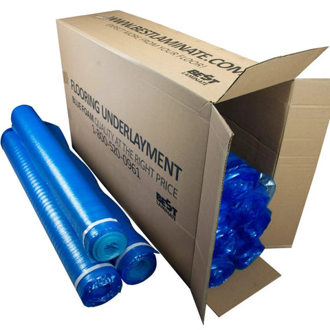 Game Changing 3in1 Vapor Barrier Flooring Underlayment With Pre Attached Tape For Laminate And Engineered Floors On Wood Or Cement Sub Floors Covers 100 Square Feet Quick Lay Down Smooth And Solid Finish in blue rolls next to an open box.