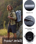 Man wearing Waterproof Dry Backpack For Men 20L 30L 40L, highlighting reflective trim and splash-proof outer bag, ideal for hiking.