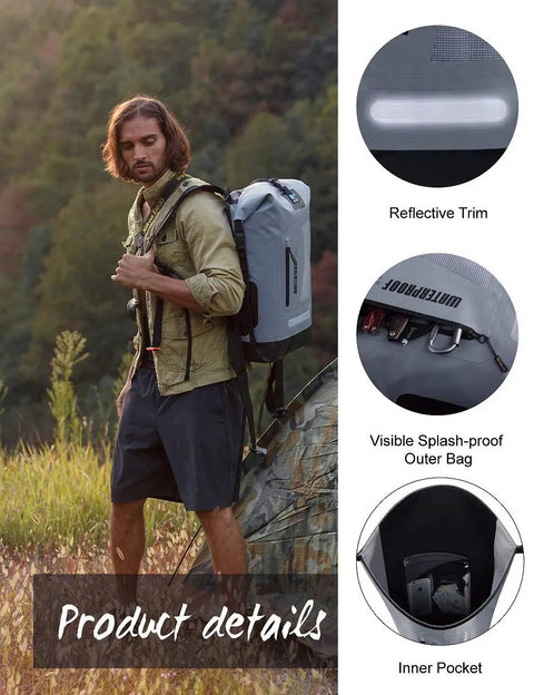 Man wearing Waterproof Dry Backpack For Men 20L 30L 40L, highlighting reflective trim and splash-proof outer bag, ideal for hiking.